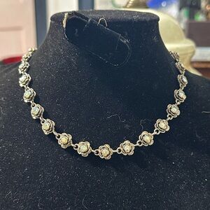 Vintage Premier Designs Silver Tone Floral Rhinestone Necklace 18”